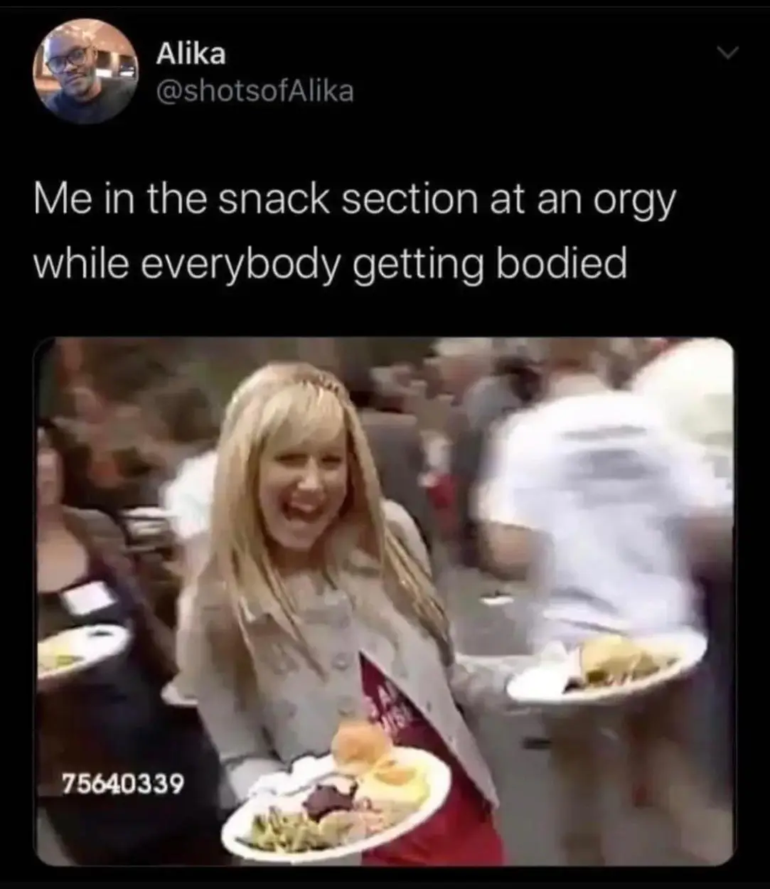 This meme is a humorous take on the experience of being in a public place where one is unexpectedly or inappropriately exposed. The image depicts a woman who appears to be mortified, with a shocked expression, as she is caught in a compromising situation. The text overlay reads: "Me in the snack section at an orgy while everybody gets naked".